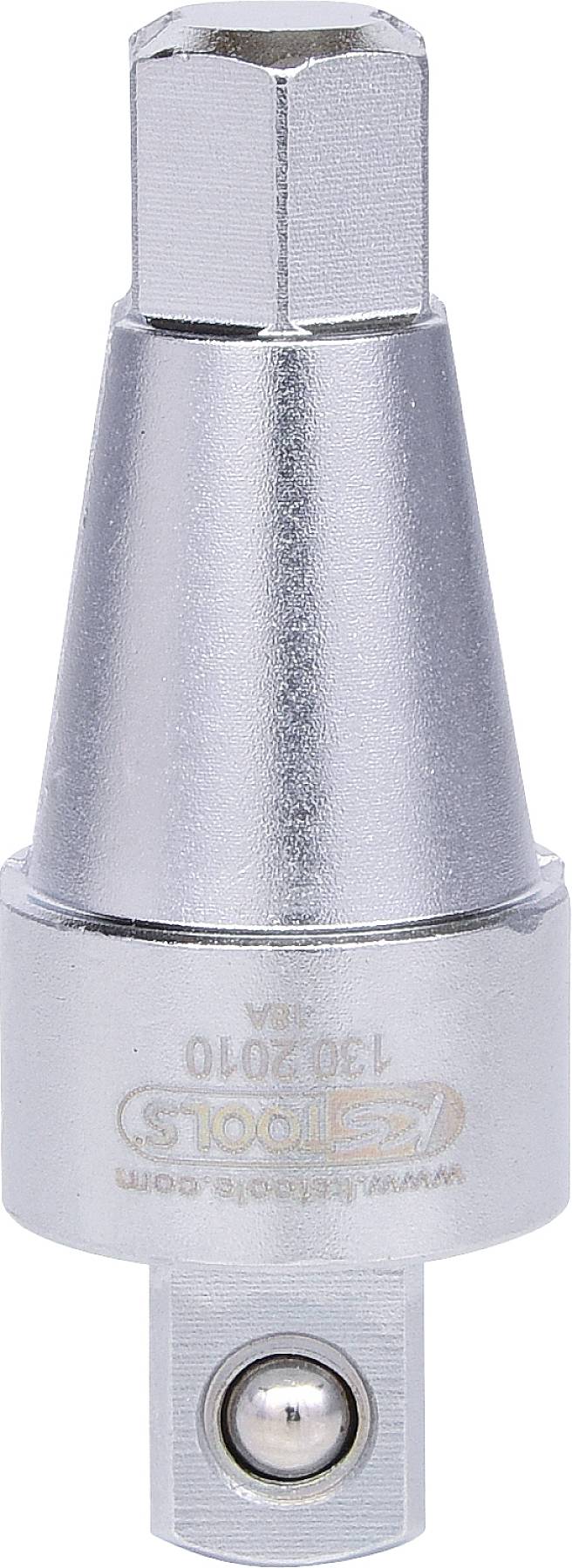 Close-up of a silver screwing tool with a hexagonal socket for nuts, likely an adapter or extension piece.