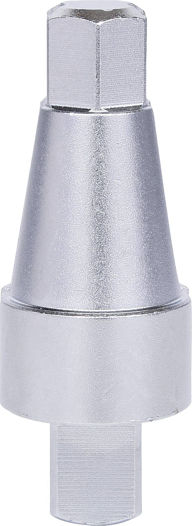 A silver metal component with a conical shape, featuring hexagonal ends. Possibly an adapter or connector for technical applications.
