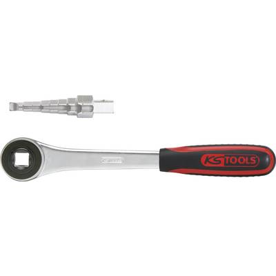 A silver single-handed ratchet spanner with a red handle and a silver conical adapter attachment are depicted.