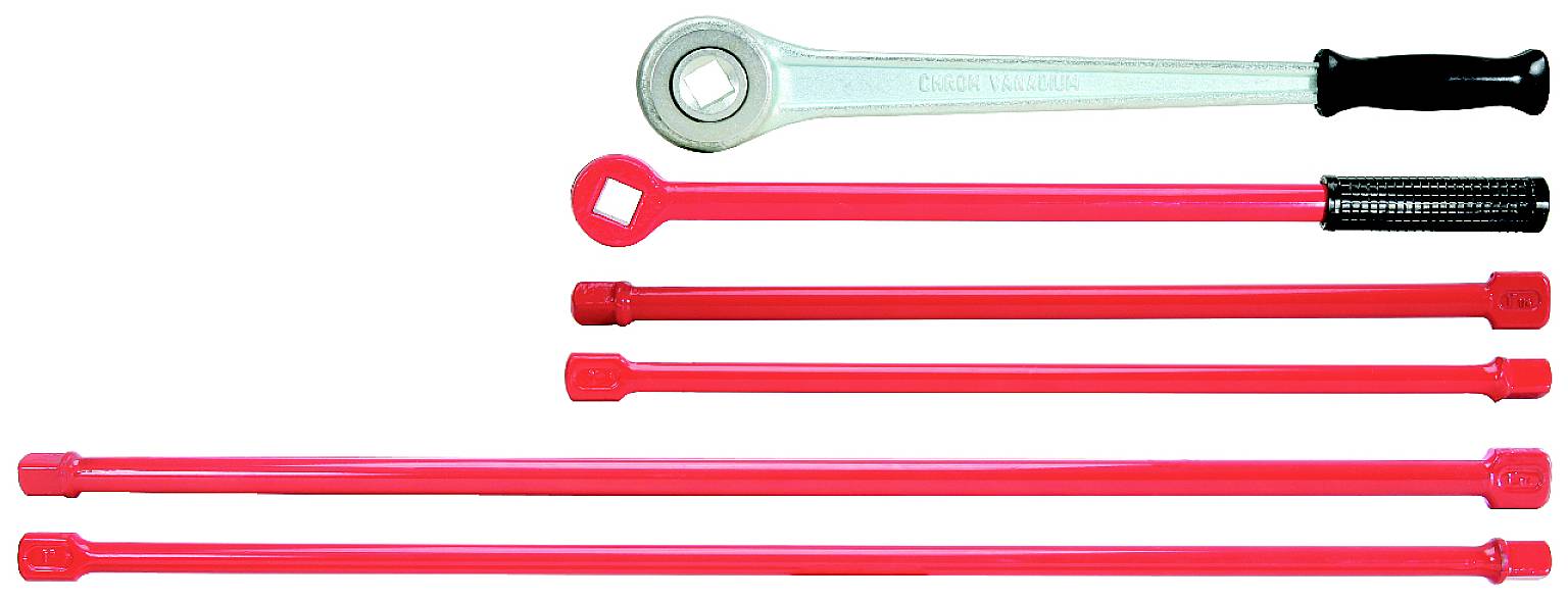 A spanner set with five red spanners and one silver one lying on top. All have black handles.