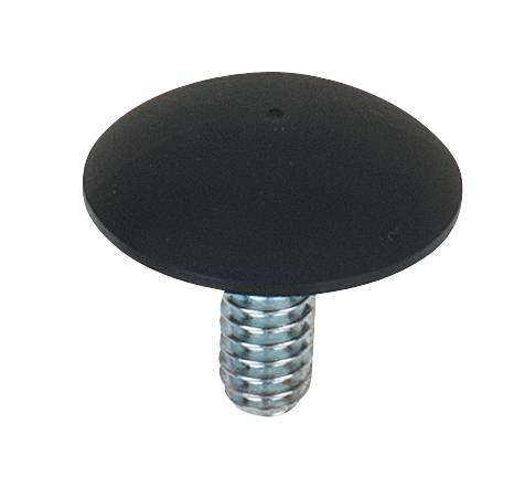 Black plastic button with metal thread underneath.