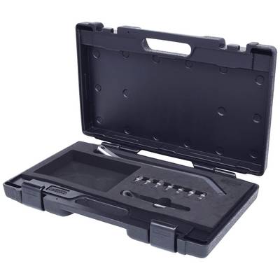 An open black toolbox containing a set of socket attachments and a ratchet spanner inside.