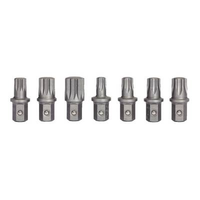 A set of seven socket wrenches with different sizes and knurled heads, arranged side by side.