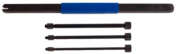 Four black pulling rods of varying lengths, one with a blue handle, are arranged parallel on a white background.