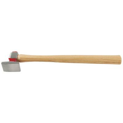 A hammer with a heavy metal head, red element and a long wooden handle.