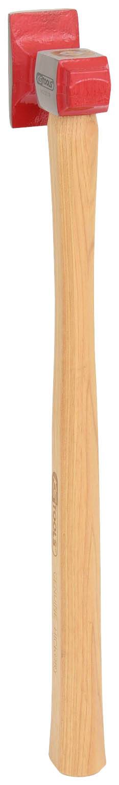 A hammer with a red head and wooden handle points vertically upwards.