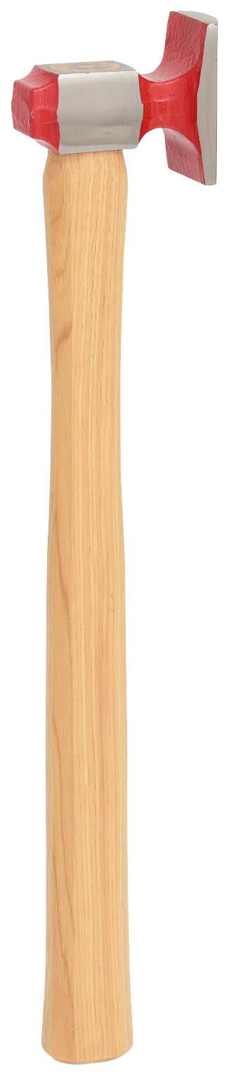 Red hammer with a wooden handle, shown against a white background.