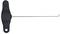 A tool with a black handle and a long, slim metal rod with a hook at the end, potentially suitable for opening items.