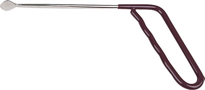 A long-handled stainless steel shoe horn with an ergonomic plastic handle for easy shoe putting on.