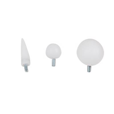 Three different white furniture knobs: a conical one, a small round one, and a large round one, each fastened with metal screws.