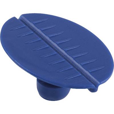A blue, oval plastic handle with a ribbed surface and raised central ridge, designed for easy handling and rotation.