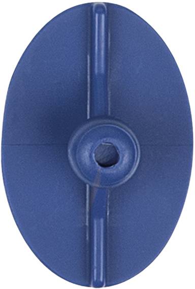 Blue oval plastic piece with a central hole, likely a component or fastening element, isolated on a white background.