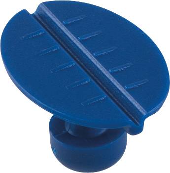 Blue, oval door handle with a ribbed surface and a central slot, mounted on a cylindrical base.