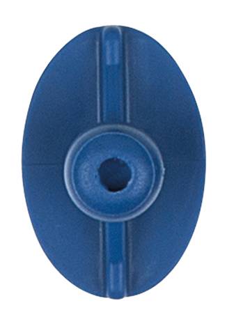 An oval, blue plastic object with a central hole.
