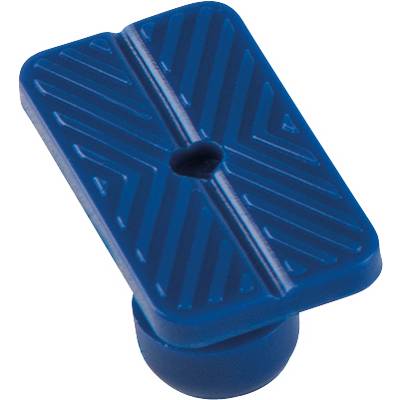A blue, rectangular plastic part with a round base. The rectangle has an X-shaped pattern and a hole in the centre.