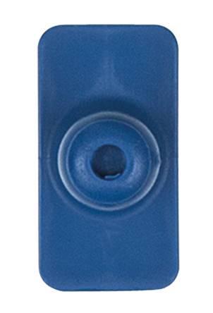 Blue rectangular button with a central circular pattern.