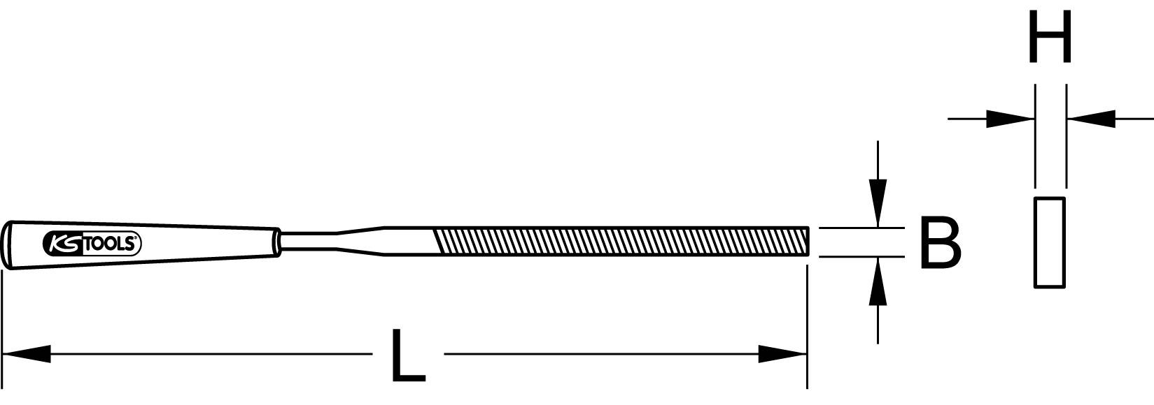 Technical drawing of a file with dimensions B, L, H marked. Brand application on the handle.