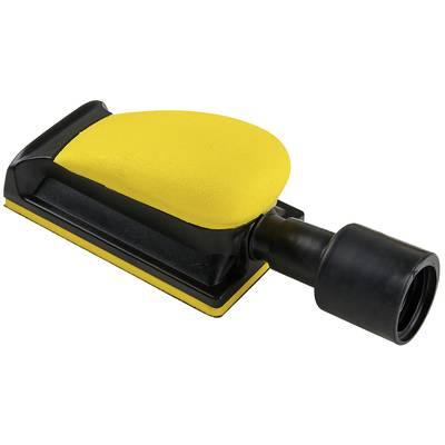 Hand sanding block with a yellow surface and black handle, for manual sanding of surfaces.