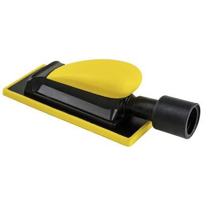 A yellow hand sanding block with a black handle and dust extraction connection. Ideal for manual sanding of small surfaces.