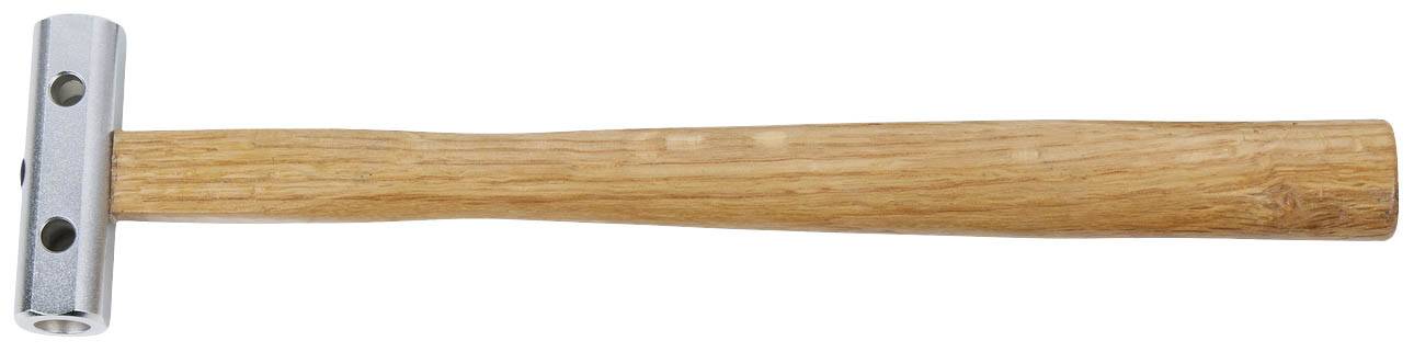 Wooden hammer with metal head, lying horizontally.
