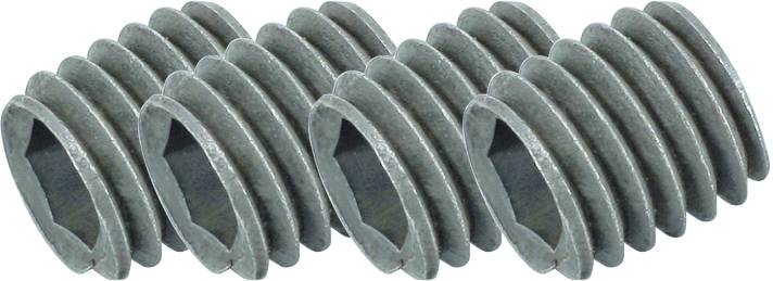 Four silver threaded grub screws arranged in a row. They have a hexagonal recess compatible with an Allen key.