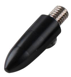 Black plastic tip with metallic threaded screw, possibly a replacement part for a technical device.