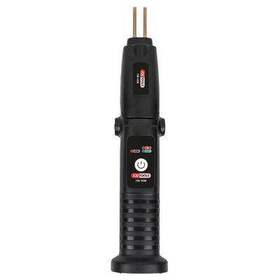 Electronic voltage tester in black with two metal probes at the top, an on/off switch, and LED indicators for voltage detection.