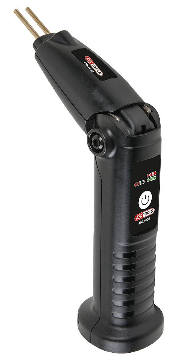 A handy, black, electronic device with two prongs, possibly a tool or instrument, with a power switch on the front.