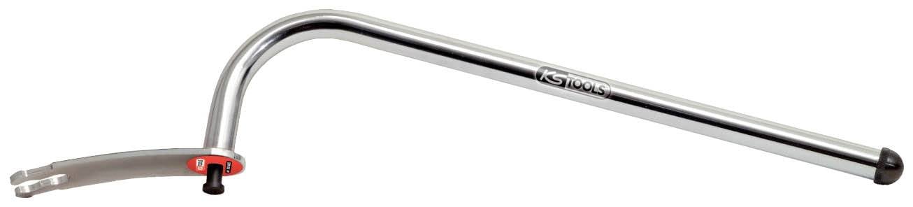 A silver tube that serves as a mounting component for bicycles, with a curved end and a screw-on fastening.