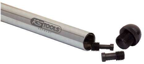 Metal tube by KS Tools with detachable caps on the right, showing the design and individual components of the tool.