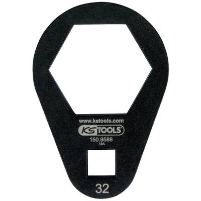 'KS Tools Spanner, 32 mm, Model Number 150.9588, black metal, hexagonal opening at the top, square opening at the bottom.'