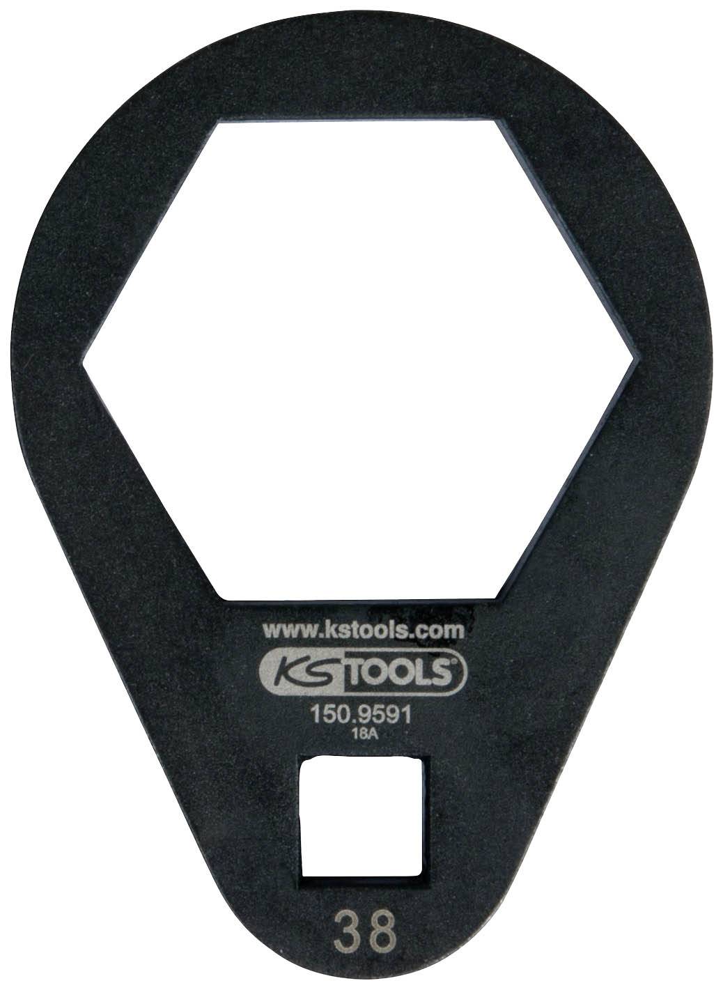 A black hex socket insert with a hexagonal opening, marked with 'www.kstools.com 150.9591 18A', size 38 mm.