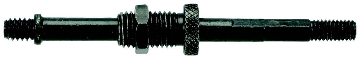 'A black metal screw adapter with two different diameters and threads at each end.'