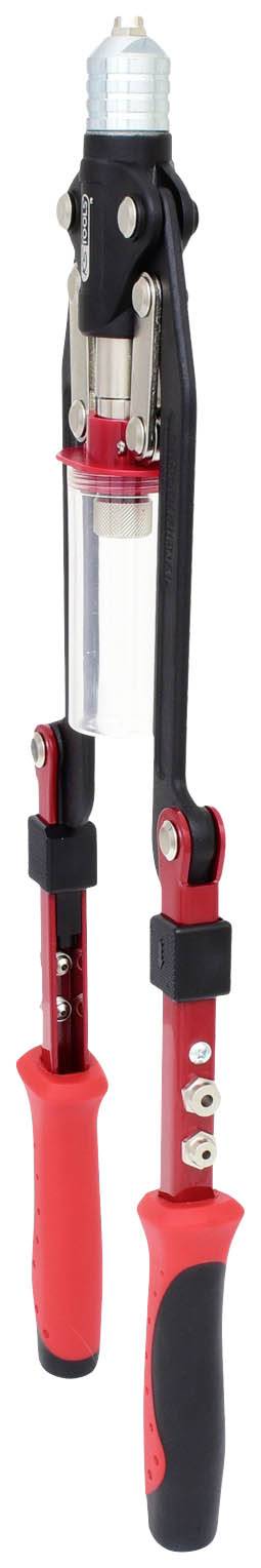 A red, manual riveting pliers with two handles and a metal head, used for connecting materials by setting rivets.