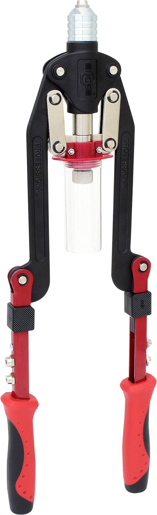 A manual grease gun with red handles and a transparent casing for lubrication. Black lever arms for operation.