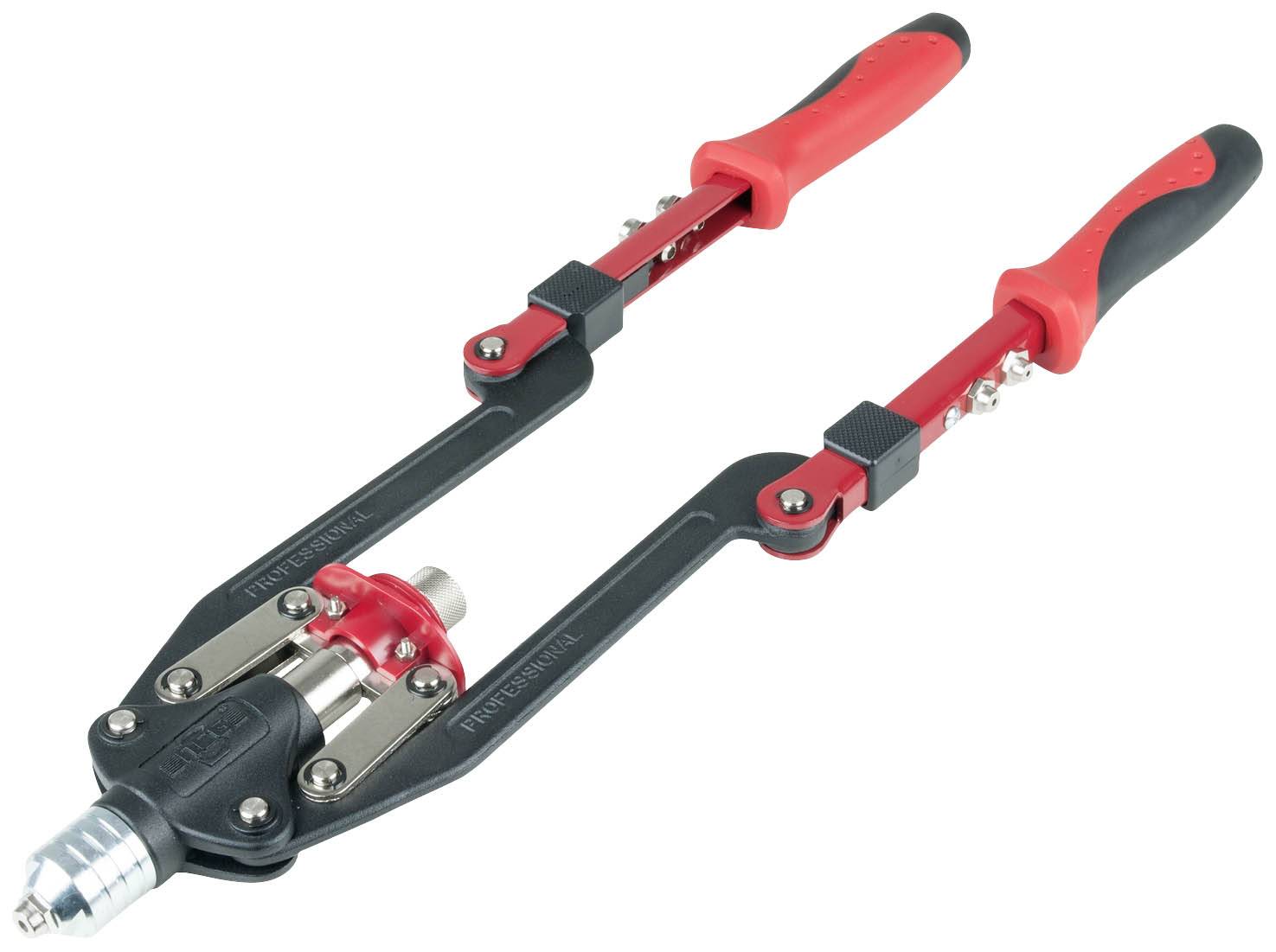 Pliers with red and black handles for setting blind rivets; suitable for DIY work and repairs.