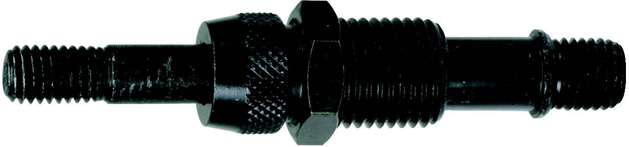 A black metal bolt with screw threads at both ends and a hexagonal central section for securing mechanical parts.