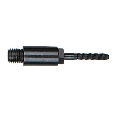 A metallic threaded pin with a thick cylindrical body and two differently sized threaded sections.