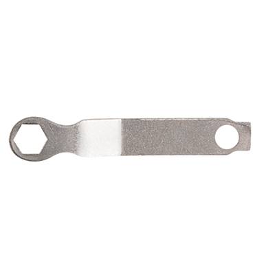 A silver, flat multi-purpose bicycle spanner with a hexagonal and a round hole at each end, used for installing bicycle components.