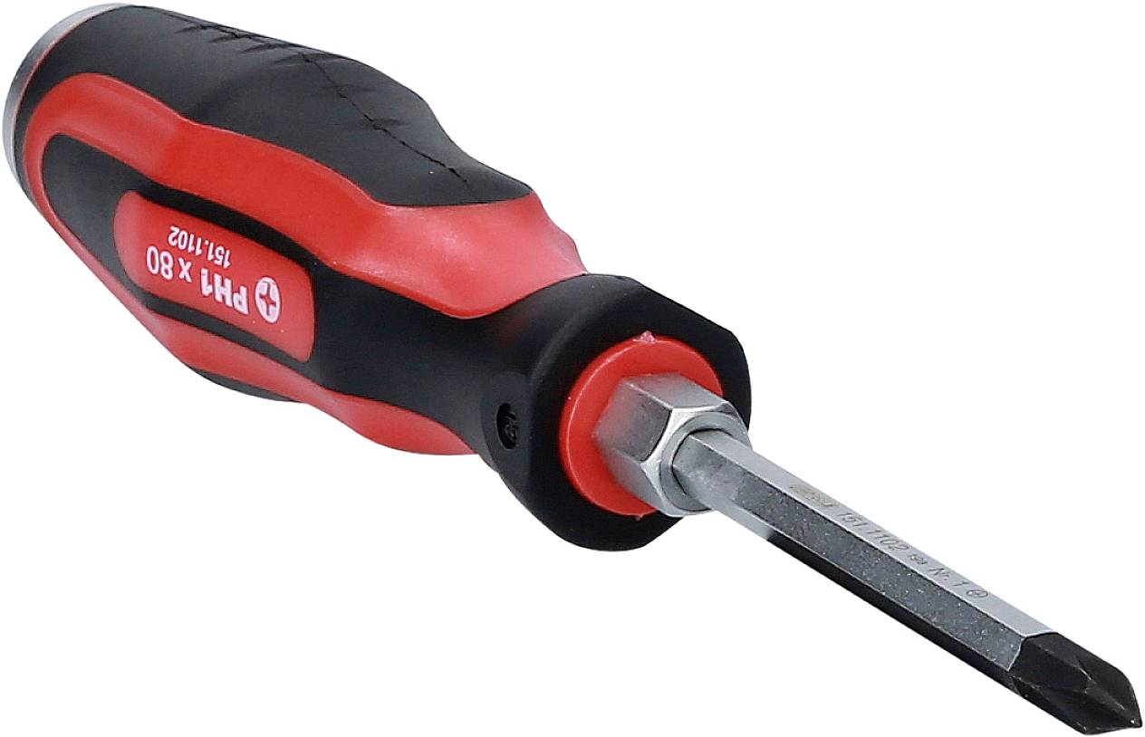A red screwdriver with an ergonomic handle and a cross-head tip, suitable for tightening screws.