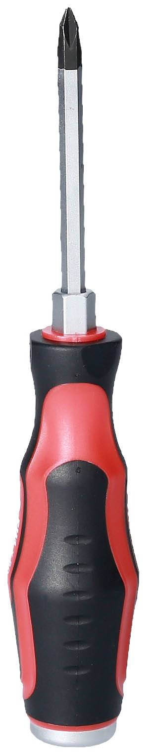 A Phillips head screwdriver with a red and black handle, against a white background.