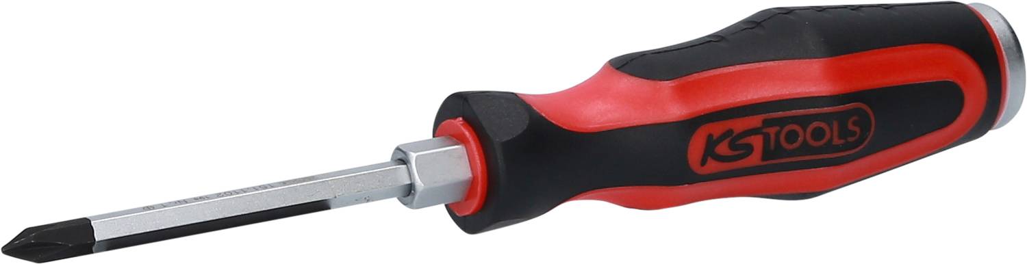 'Screwdriver with black and red handle. Blade type: Phillips head. Brand: KS Tools.'
