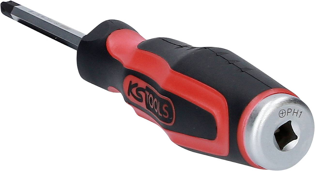 A screwdriver with a black handle and red accent, marked with 'KG Tools' and 'PH1'.