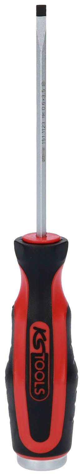 'Screwdriver with red and black handle, long metal shaft, and flat tip.'