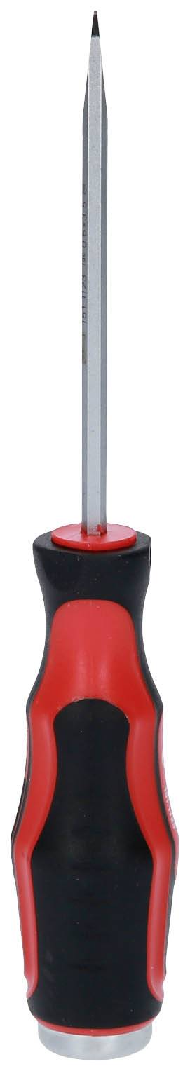 Long, thin screwdriver with red and black ergonomic handle.