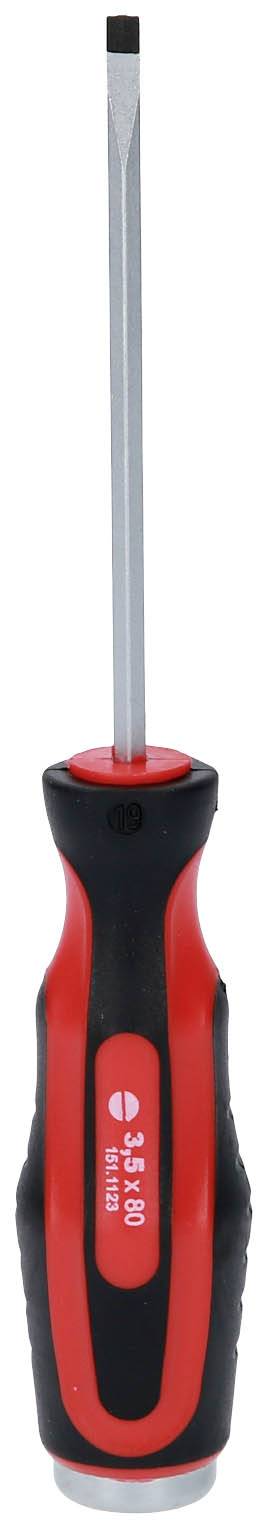 A red and black screwdriver with a straight handle and flat head, suitable for slotted screws.