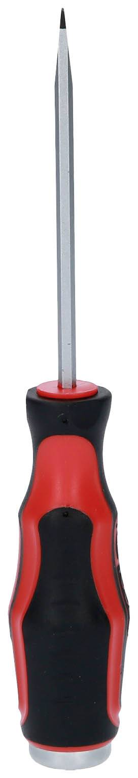 A red and black screwdriver with a long, thin metal head, standing upright with the tip pointing upwards.