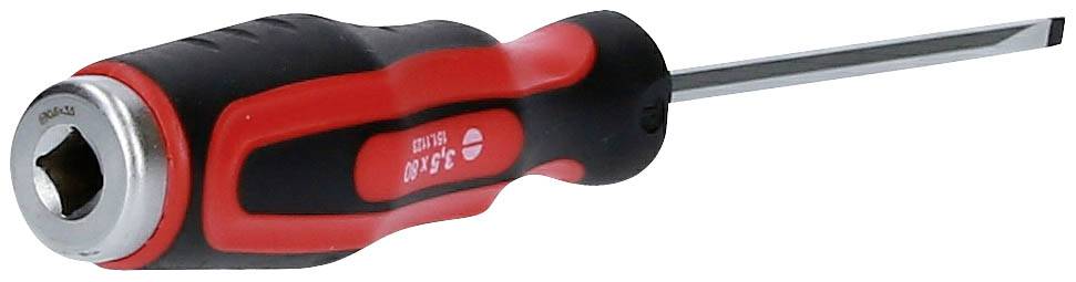 Screwdriver with red and black handle, flat tip, suitable for tightening or loosening slotted screws.