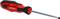 A screwdriver with a red and black handle, with a flat blade. Suitable for tightening or loosening screws.