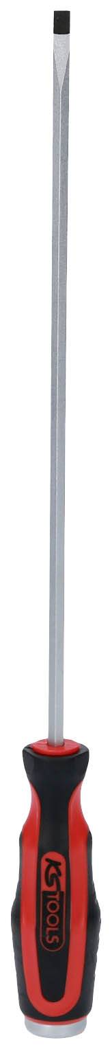 Screwdriver with red and black handle, long metal shaft, and flat end for use with slotted screws.